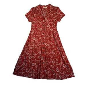 Indigo Rose Women's Medium Dress Red White Floral V Neck Collared Prairie Style